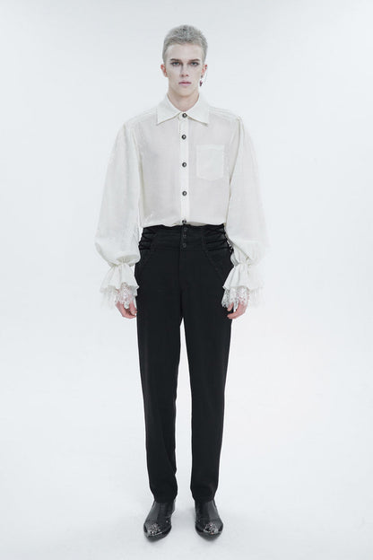 White Lapel Collar Puff Sleeved Lace Hem Gothic Shirt