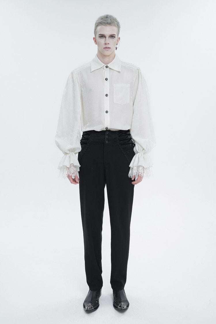 White Lapel Collar Puff Sleeved Lace Hem Gothic Shirt