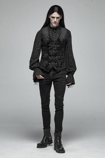 Black Retro Jacquard Front Woven Strap Metal Button Gothic Vest
