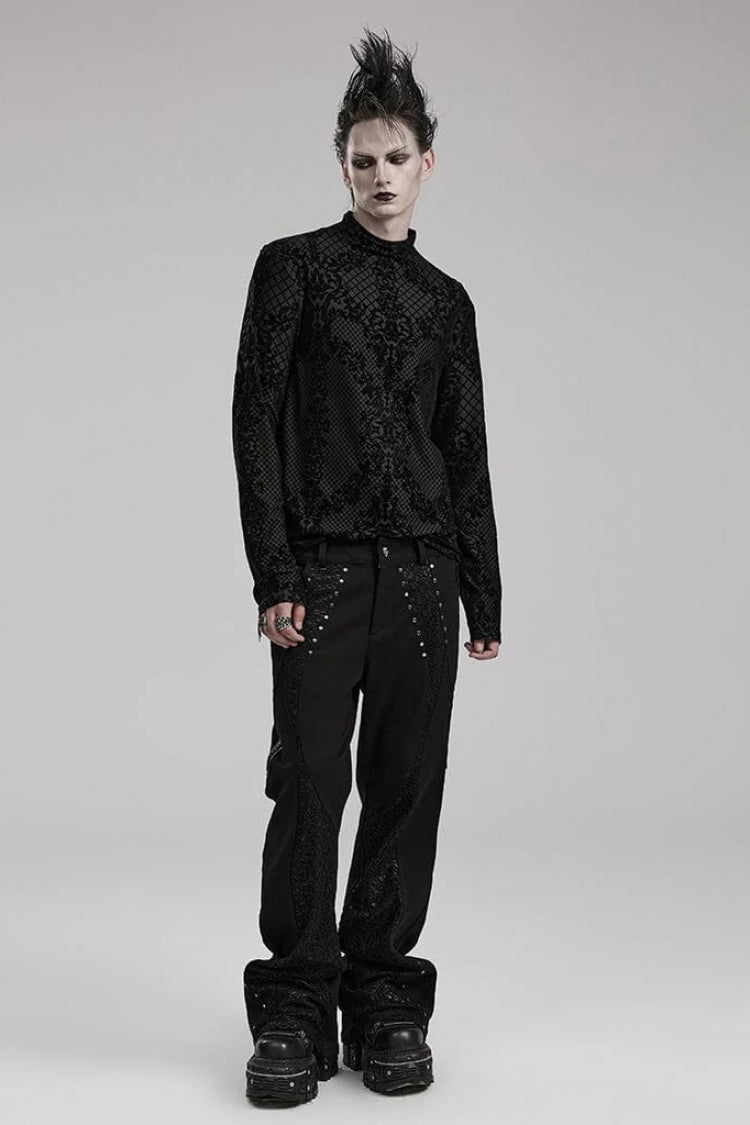 Black High Collar Long Sleeves Flocking Print Gothic T-shirt