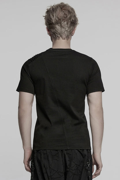 Black Round Collar Short Sleeves Pocket Denim Punk T-shirt