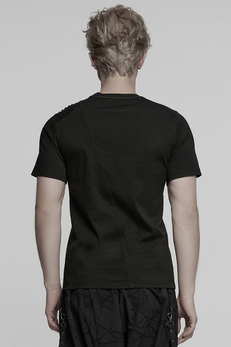 Black Round Collar Short Sleeves Pocket Denim Punk T-shirt