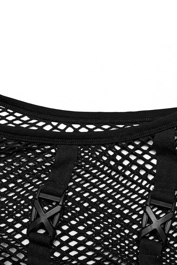Black Stand Collar Sleeveless Straps Mesh Buckle Punk Vest