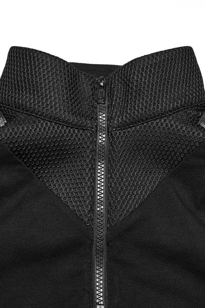 Black Stand Collar Sleeveless Stitching Mesh Zipper Punk Vest