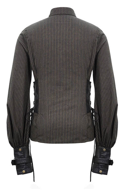 Brown Striped Waist Cuff Leather Punk Blouse