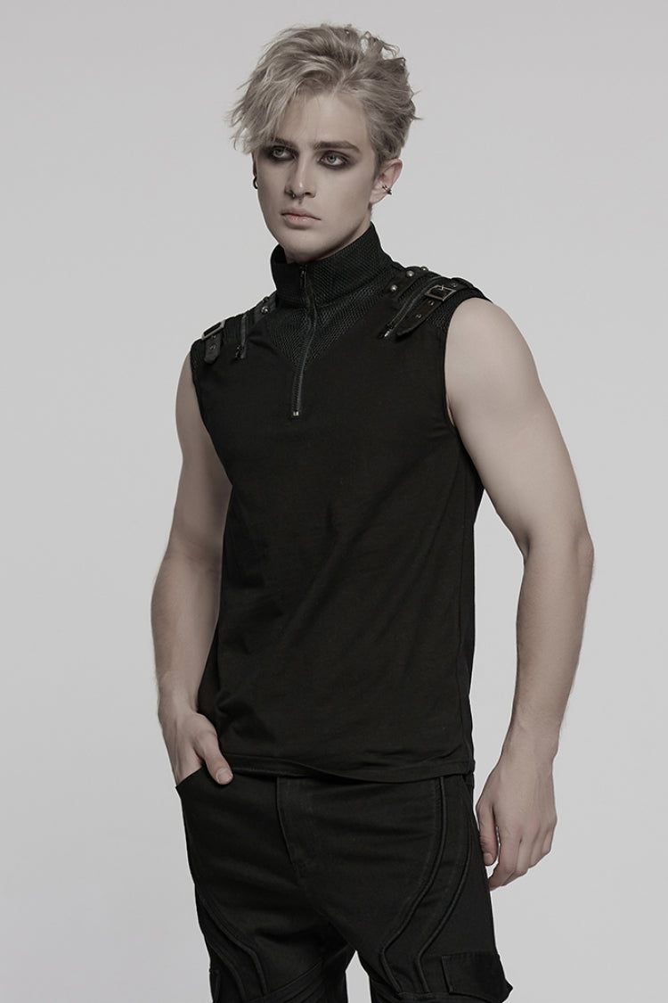 Black Stand Collar Sleeveless Stitching Mesh Zipper Punk Vest