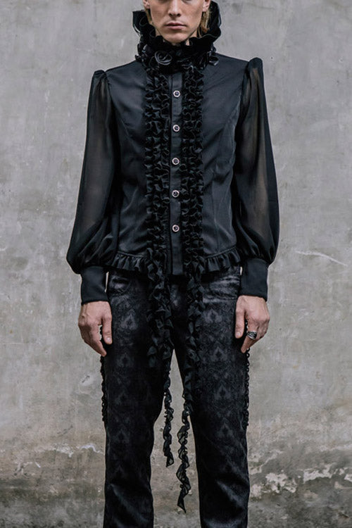 Black High Collar Lace Up Dovetail Hem Gothic Blouse