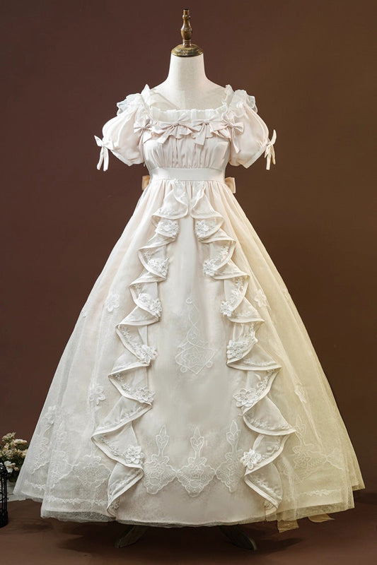 Beige [identity V] Short Sleeves Embroidery Cardigan Bowknot Lace Classic Lolita Victorian Dress Set