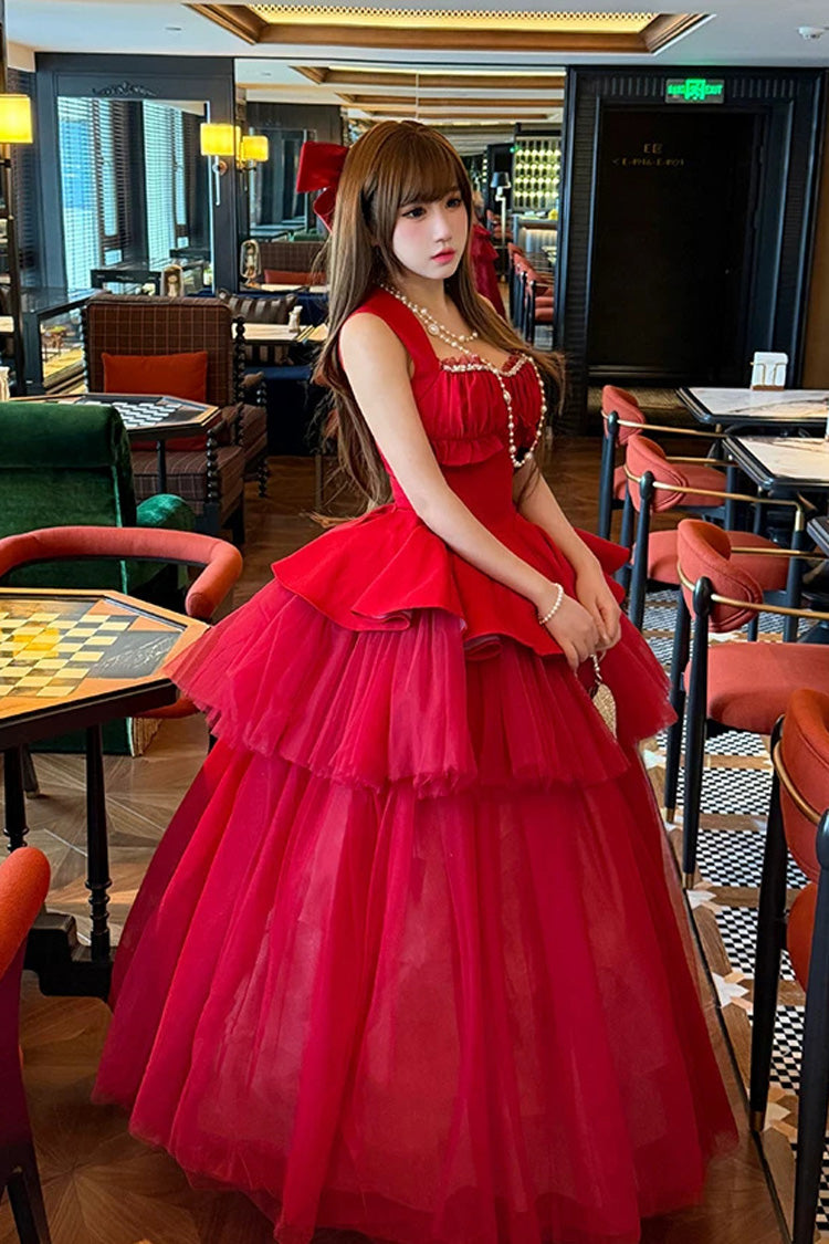 Red [romantic Rose] Square Collar Sleeveless Ruffled Classic Ballet Lolita Dress