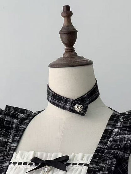 [pre-order Deadline: April 29] Black Check Ruffle Ribbon Puff Sleeve Mini Dress Set + Choker