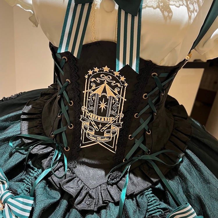 [pre-order Deadline: May 20] Magical Girl Lolita Lace Puff Sleeve Shirt + Black X Green Ribbon Corset Tiered Dress + Mini Hat