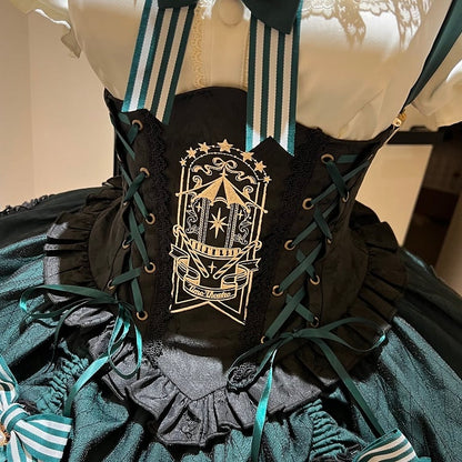 [pre-order Deadline: May 20] Magical Girl Lolita Lace Puff Sleeve Shirt + Black X Green Ribbon Corset Tiered Dress + Mini Hat