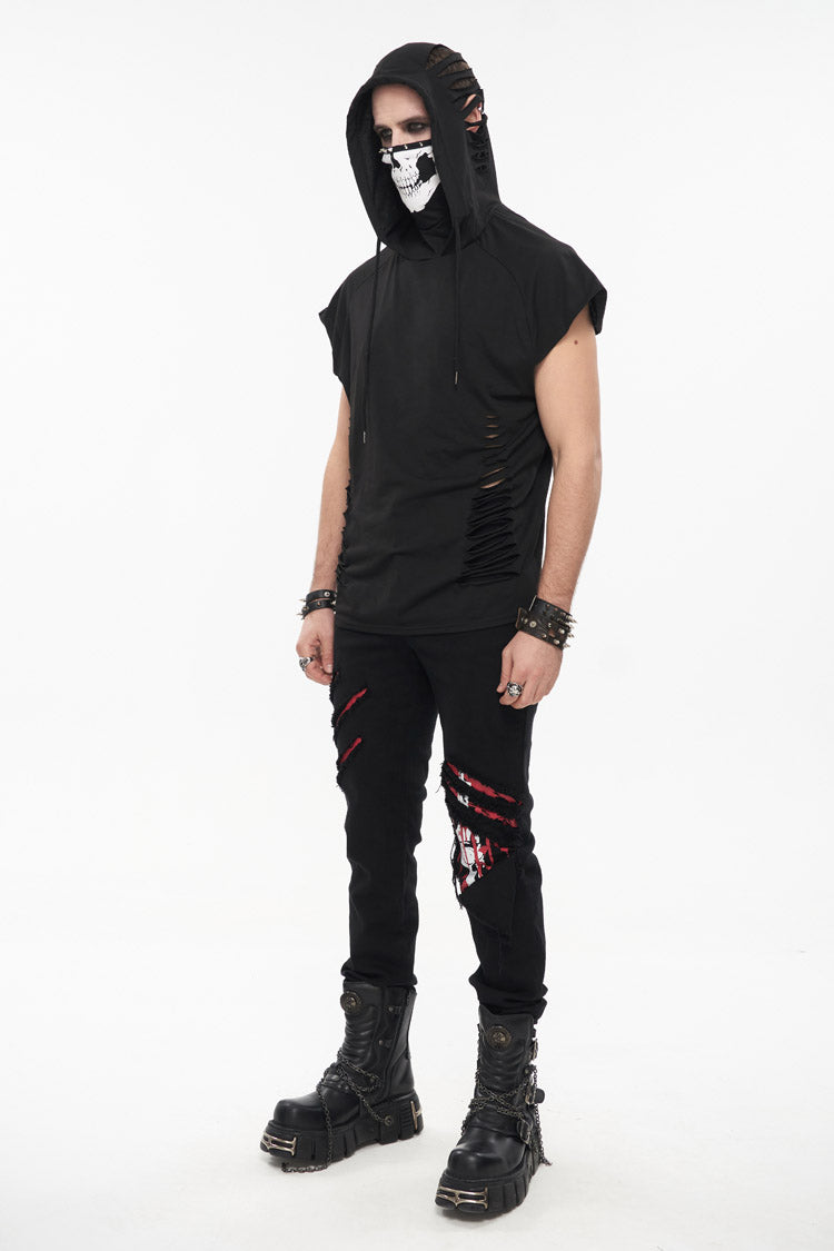 Black Skull Print Super High Neck Masked Rivet Hole Hooded Short Sleeve Punk T-shirt