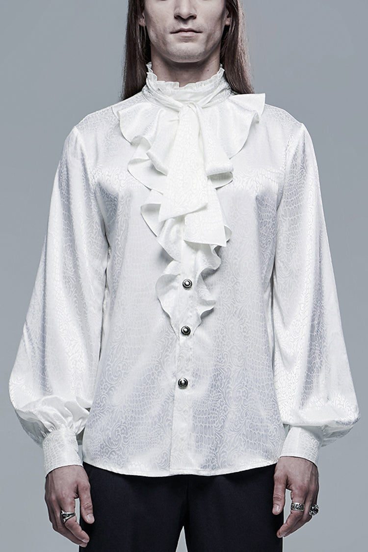 White Gothic Jacquard High Collar Front Chest Flounce Retro Metal Button Lantern Sleeve Shirt