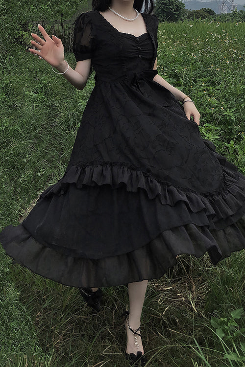 French Print Multi-layer Ruffled Short Sleeve Classic Lolita Dress