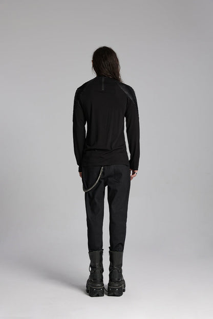 Black Round Collar Long Sleeves Mesh Pleated Loop Punk Blouse