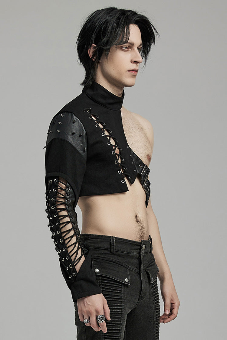 Black Stand Collar Asymmetric Rivet Buckle Punk Faux Leather Harness
