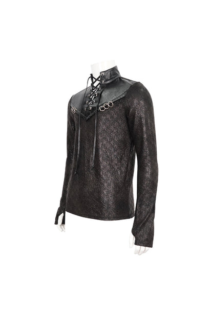 Black Stand Collar Long Sleeves Faux Leather Splice Gothic Shirt