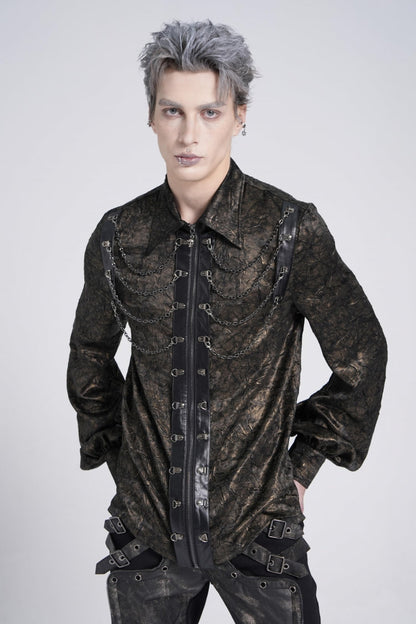 Black Lapel Collar Long Puff Sleeves Faux Leather Stitching Gothic Blouse With Chain