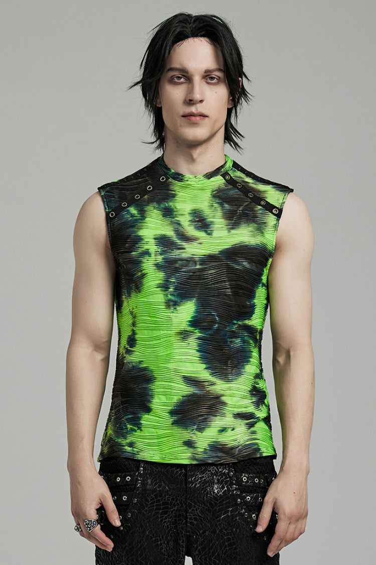 Black/green Stand Collar Sleeveless Tie-dyed Punk Vest