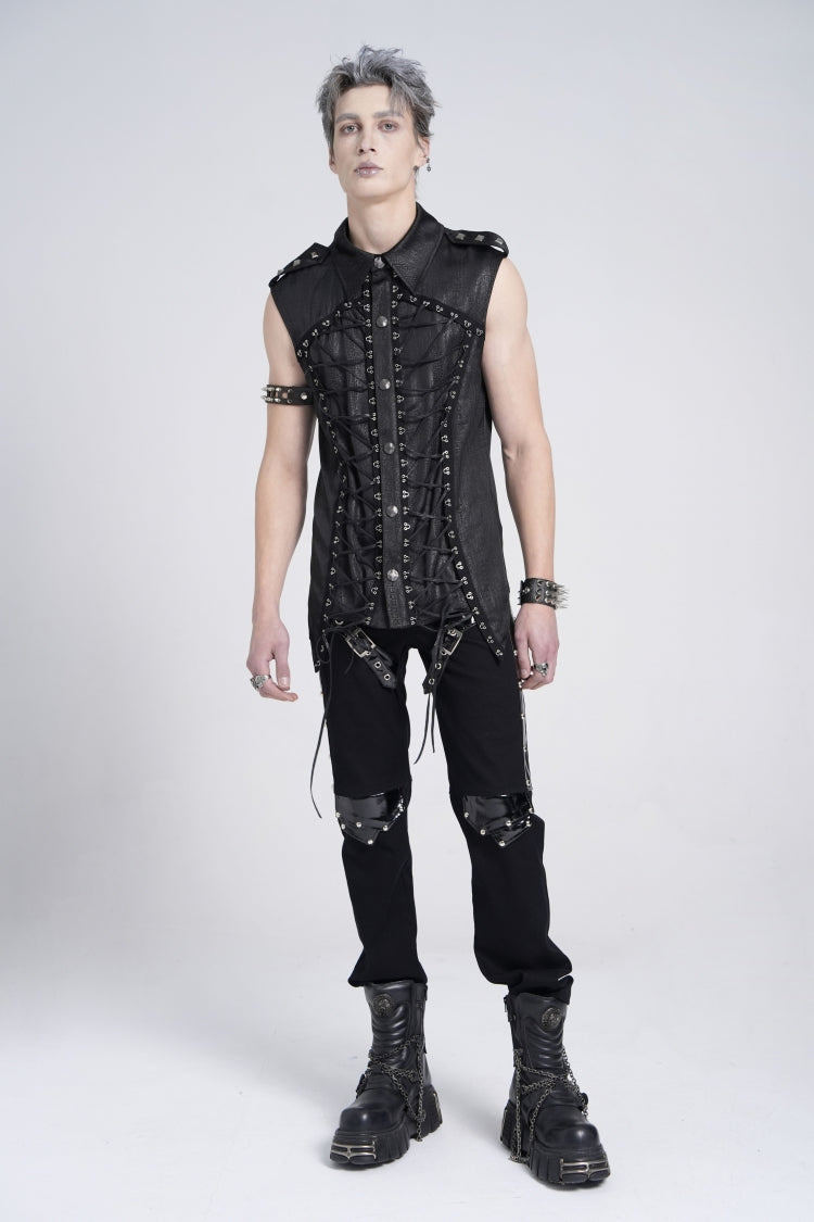 Black Sleeveless Studded Lace-up Gothic Blouse