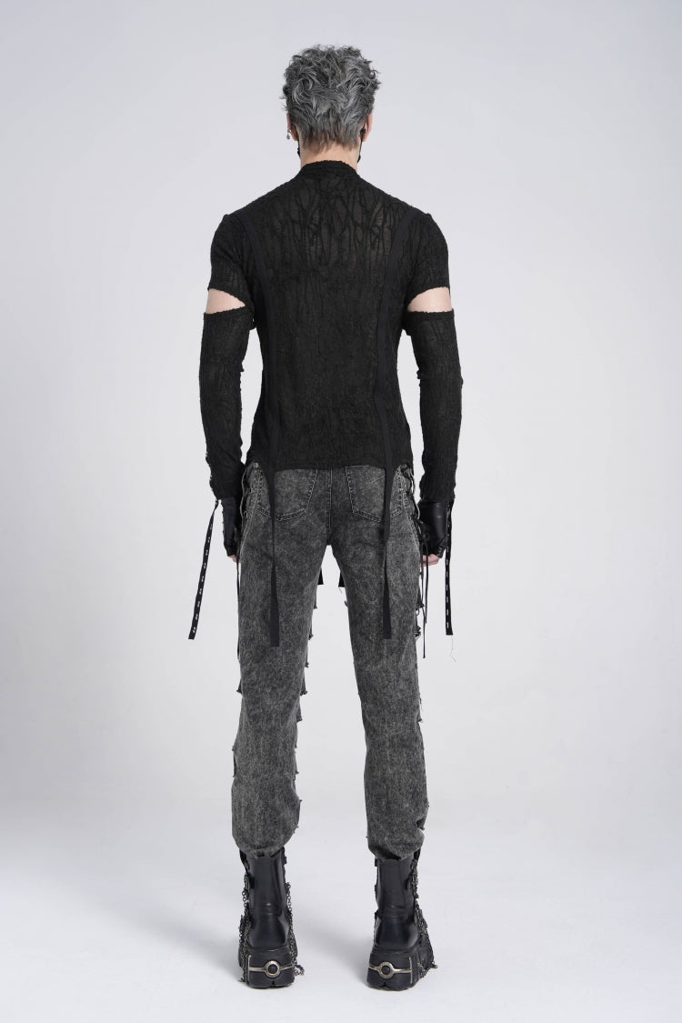 Black Long Sleeves Strap Lace-up Irregular Mesh Gothic T-shirt