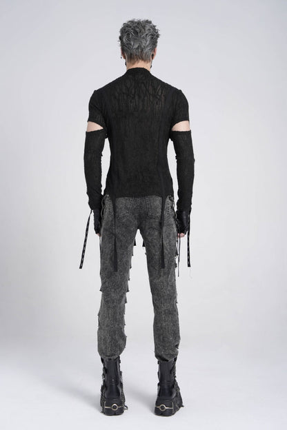 Black Long Sleeves Strap Lace-up Irregular Mesh Gothic T-shirt
