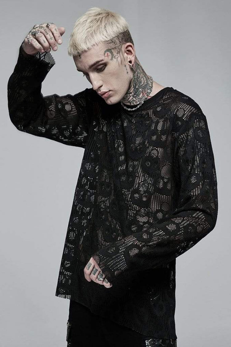 Black Long Sleeves Skull Print Lace Sheer Mesh Steampunk T-shirt