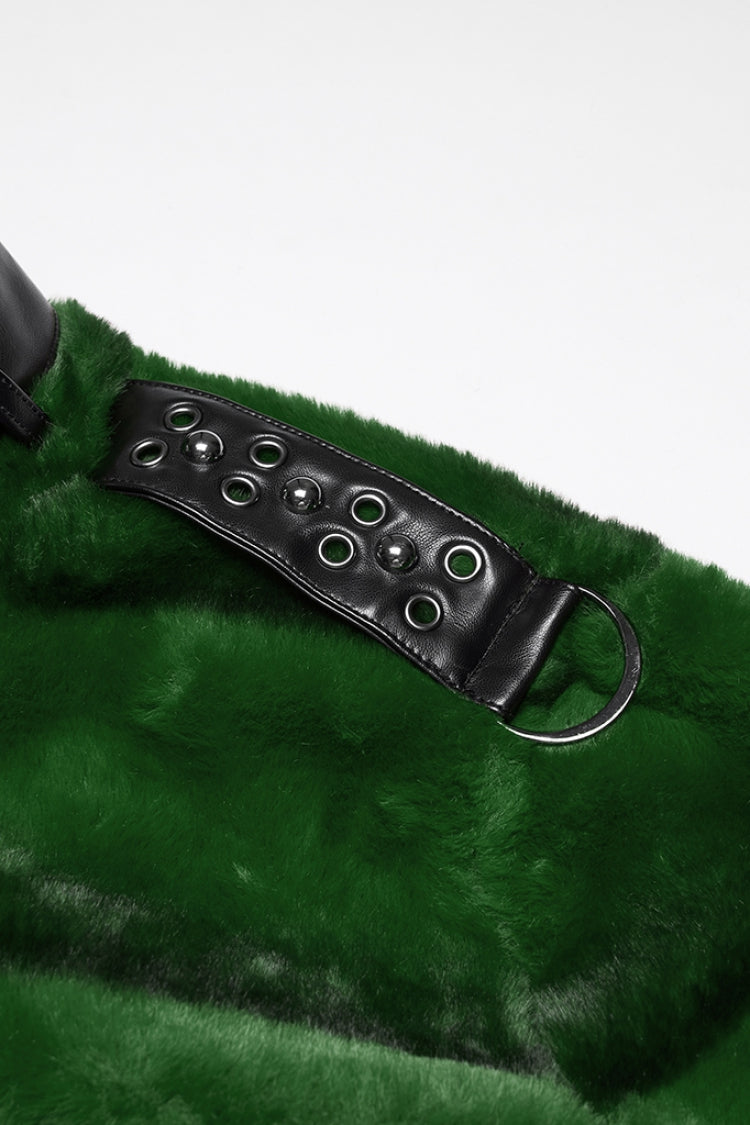 Green Stand Collar Long Sleeves Buckle Straps Faux Fur Punk Short Cloak