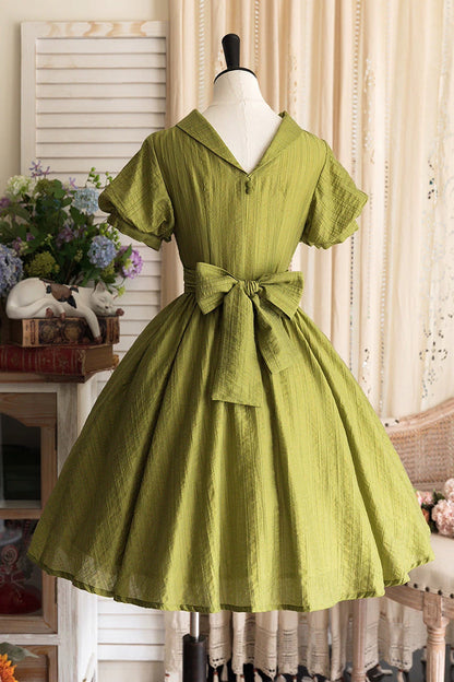 Green [forest Gallery] High Collar Short Lantern Sleeves Pastoral Style Classic Lolita Dress