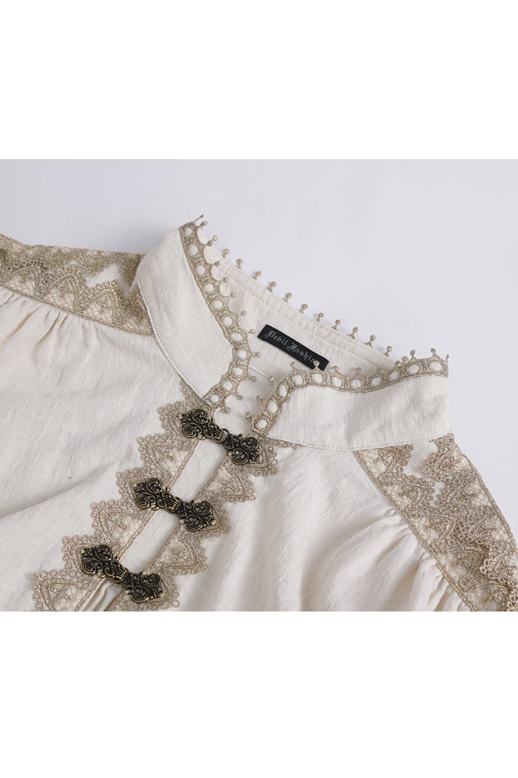 Beige Stand Collar Lantern Sleeves Multi-layer Ruffle Gothic Blouse