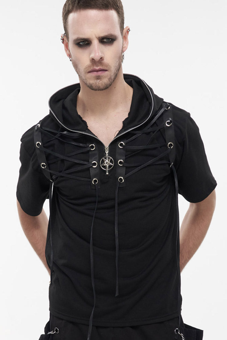 Black Punk Short Sleeve Metal Zipper Lace-up Knit Loose Hooded T-shirt