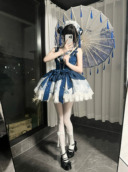 [pre-order Deadline: May 6] Dark Blue Moonlight Sea Lace Ribbon Layered Dress + Accessories