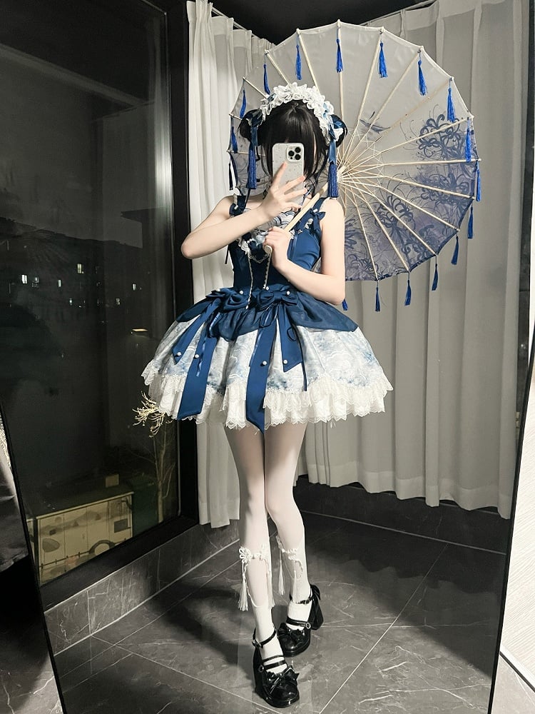 [pre-order Deadline: May 6] Dark Blue Moonlight Sea Lace Ribbon Layered Dress + Accessories