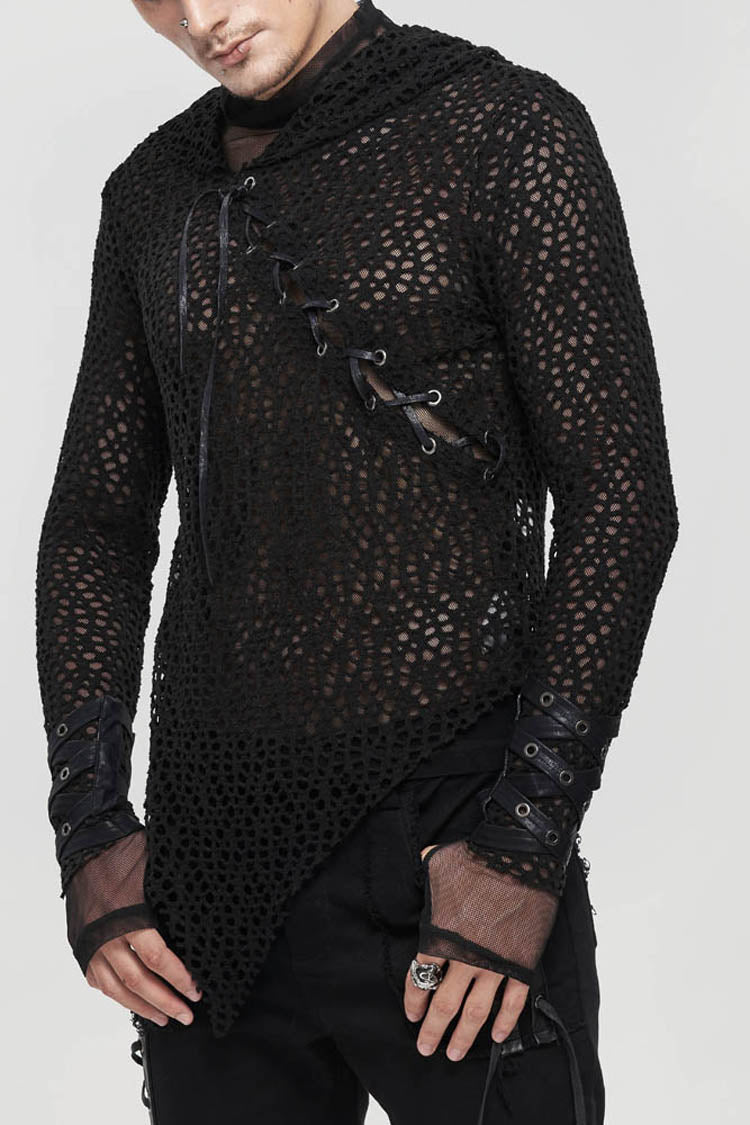 Black Punk Long Sleeve Elasticity Big Hole Mesh Drawstring Design Irregular Hooded Shirt