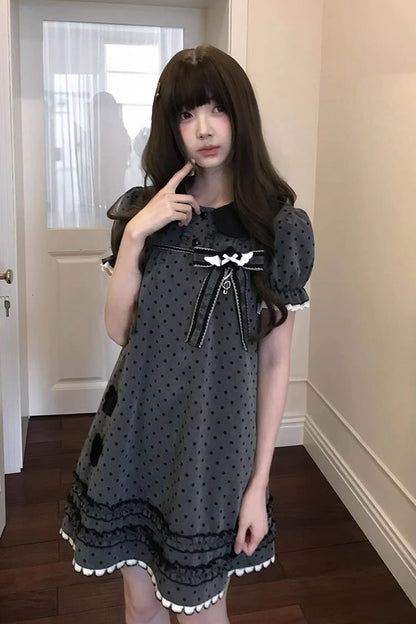 Grey [little Star Wish] Doll Collar Short Sleeves Polka Dot Printed Bow Classic Japanese Lolita Dress