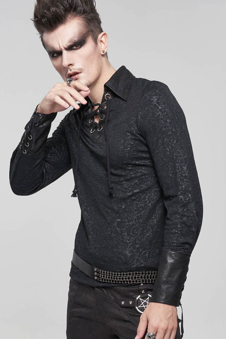 Black Gothic Pattern Decoration Tie Rope Design Knitted Elasticity Pullover Shirt