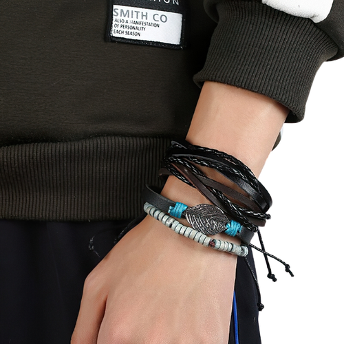 Adjustable Leather Bracelet Set With Plant / Punk Bangles for and