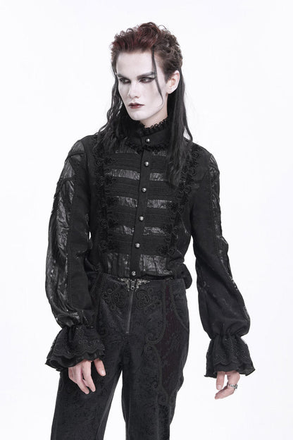 Black Stand Collar Long Sleeves Pleated Lace Crochet Gothic Blouse