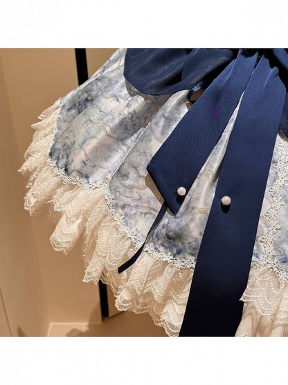 [pre-order Deadline: May 6] Dark Blue Moonlight Sea Lace Ribbon Layered Dress + Accessories
