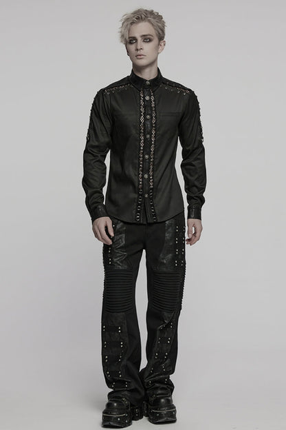 Black Lapel Collar Long Sleeves Stitching Mesh Punk Blouse