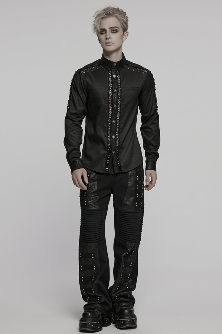 Black Lapel Collar Long Sleeves Stitching Mesh Punk Blouse