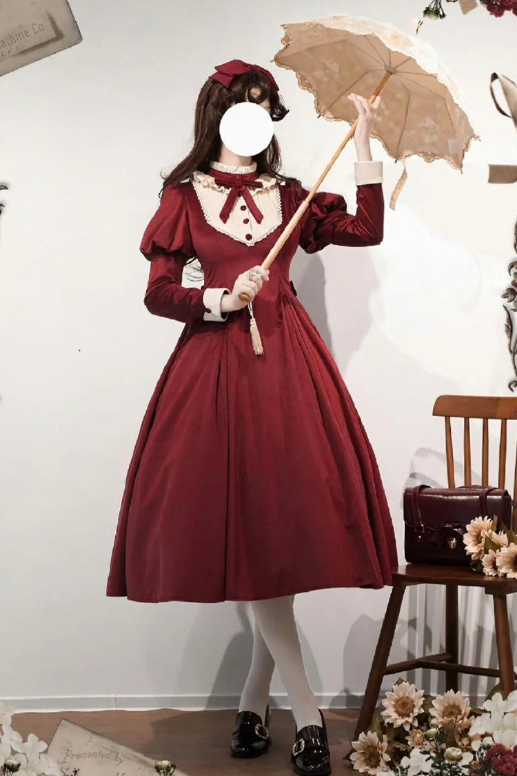 Wine Red [new Year] Stand Collar Long Sleeves Ruffled Bow Classic Lolita Dress