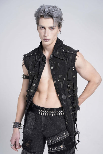 Black Sleeveless Studded Lace-up Gothic Distressed Vest