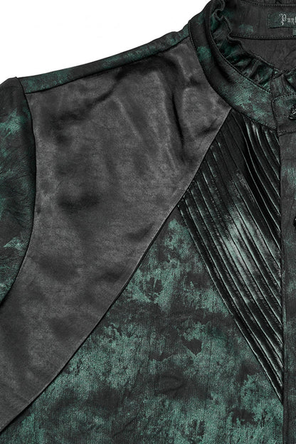 Black/green Stand Collar Long Sleeves Ruffle Pleated Gothic Blouse