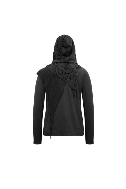 Black Long Sleeves Asymmetric Tatters Strip Leather Metal Loop Hooded Punk T-shirt