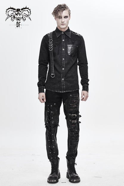 Black Asymmetric Left Shoulder Loop Mesh Rivet Snap Button Punk Shirt