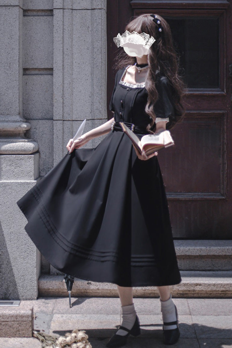 Black [random Thoughts] Square Collar Short Sleeves Ruffle Classic Lolita Dress