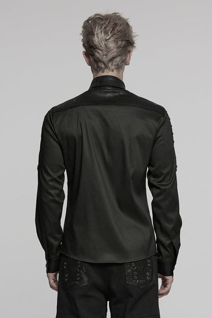 Black Lapel Collar Long Sleeves Stitching Mesh Punk Blouse