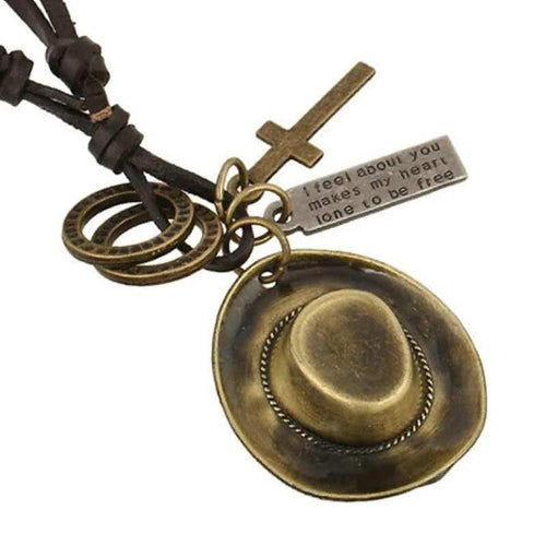 Antique Cowboy Hat Leather Rope Pendant Necklaces / Western Style Accessories